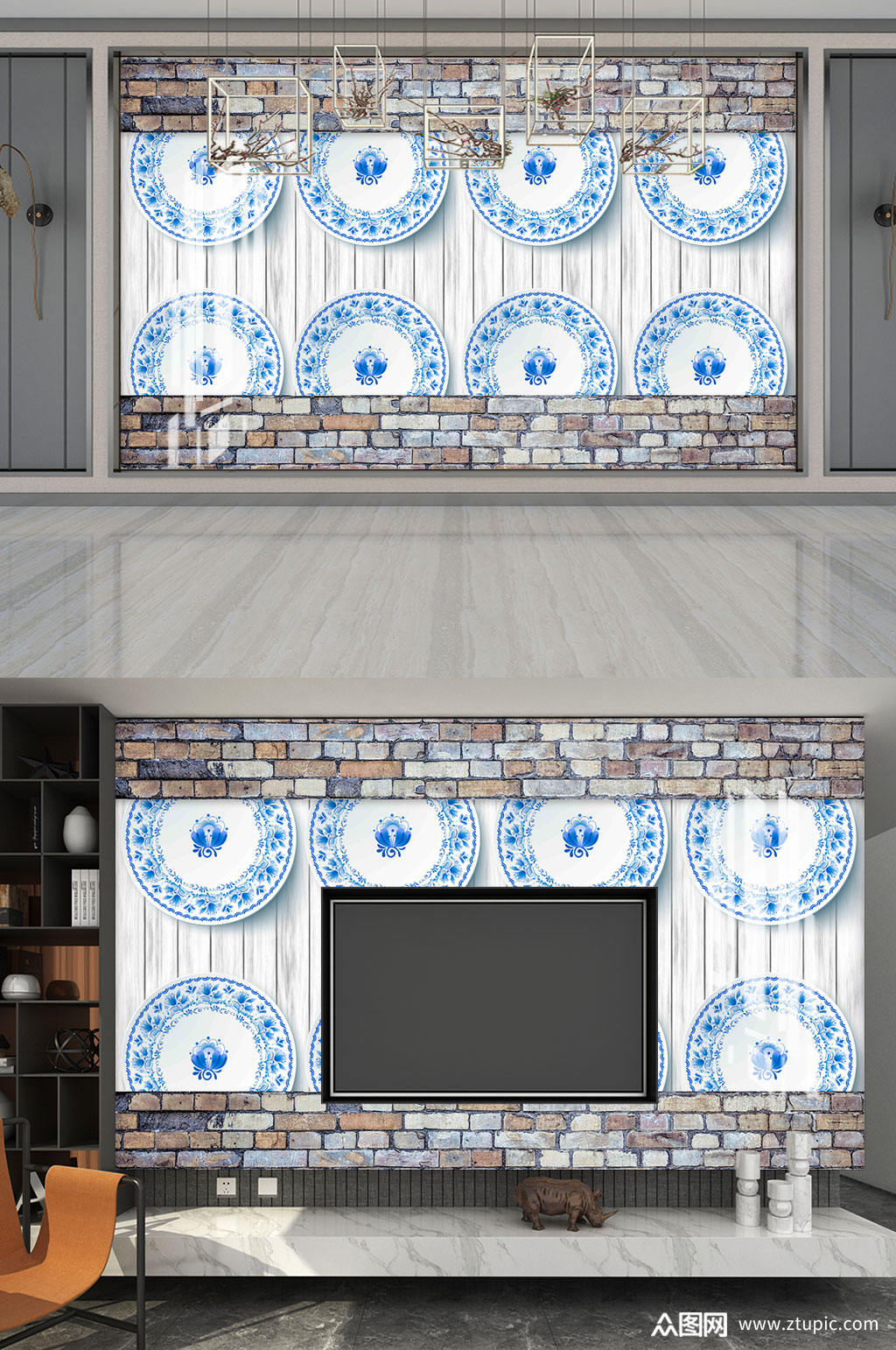 新中式青花瓷电视背景墙