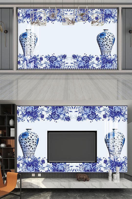 新中式青花瓷电视背景墙-众图网