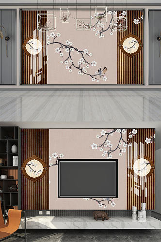 新中式花鸟电视背景墙