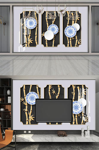新中式青花瓷电视背景墙