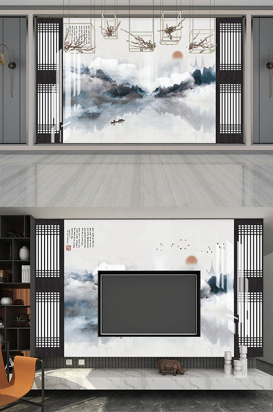 新中式山水电视背景墙-众图网