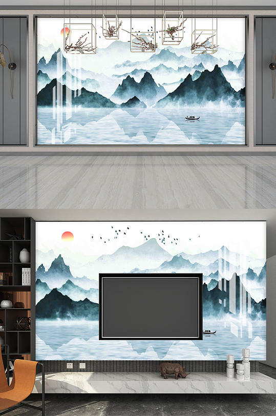 新中式山水电视背景墙-众图网