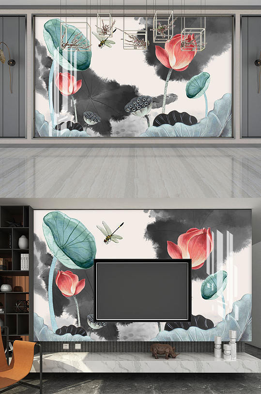新中式水墨荷花电视背景墙-众图网