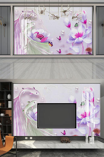 新中式荷花鱼浮雕电视背景墙