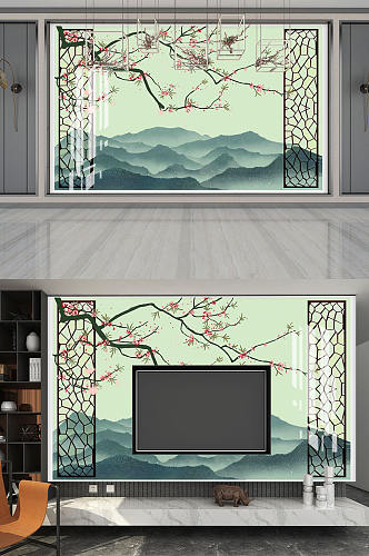 新中式花鸟水墨山水电视背景墙