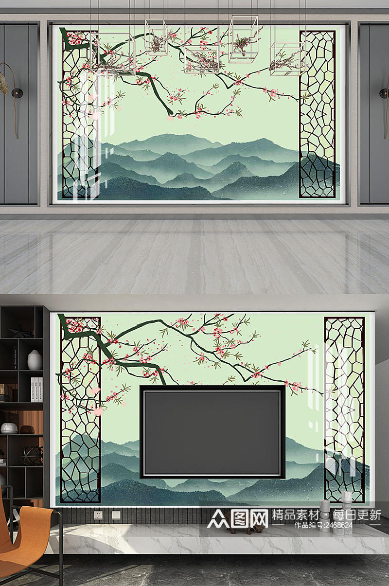 新中式花鸟水墨山水电视背景墙素材