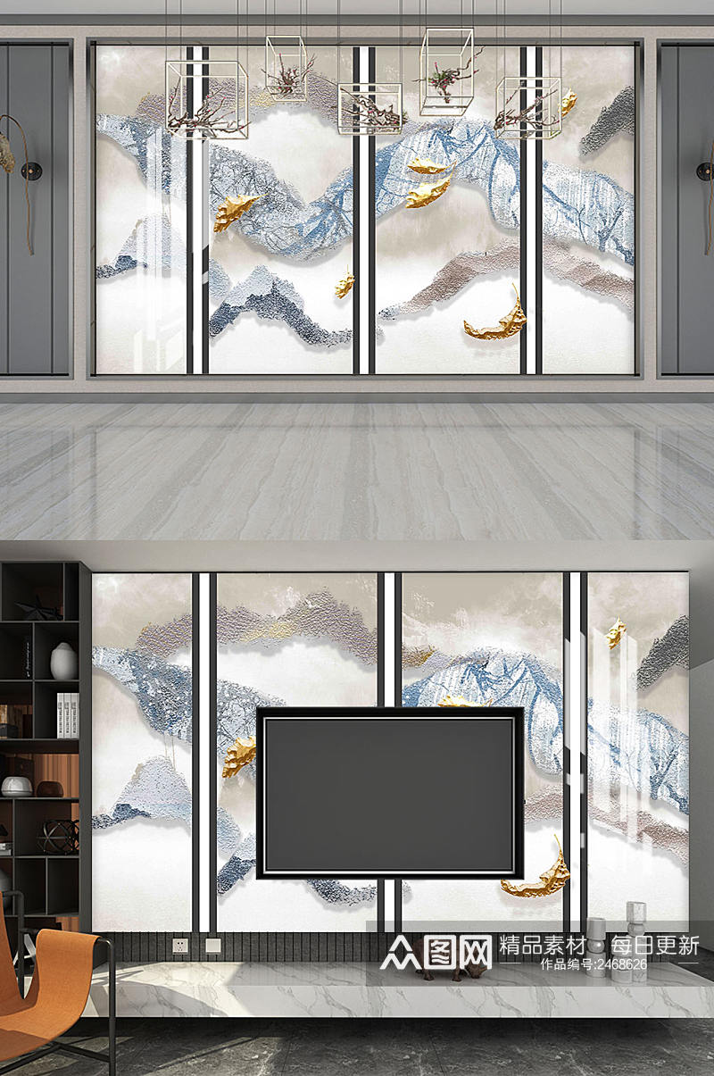 新中式水墨山水电视背景墙素材