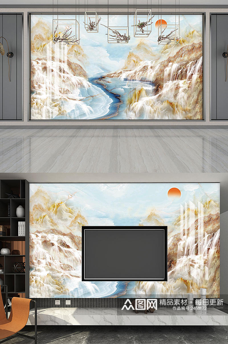 新中式大理石纹山水背景墙素材