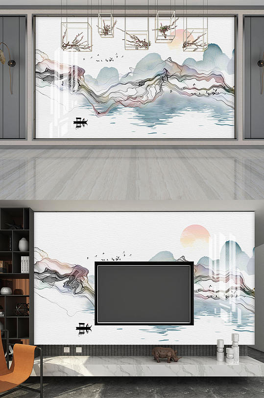 新中式水墨山水电视背景墙