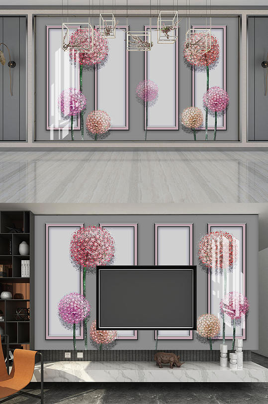 新中式花朵背景墙-众图网