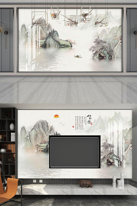 新中式山水电视背景墙-众图网
