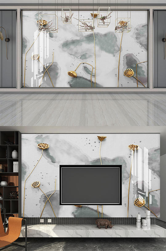 新中式荷花电视背景墙-众图网