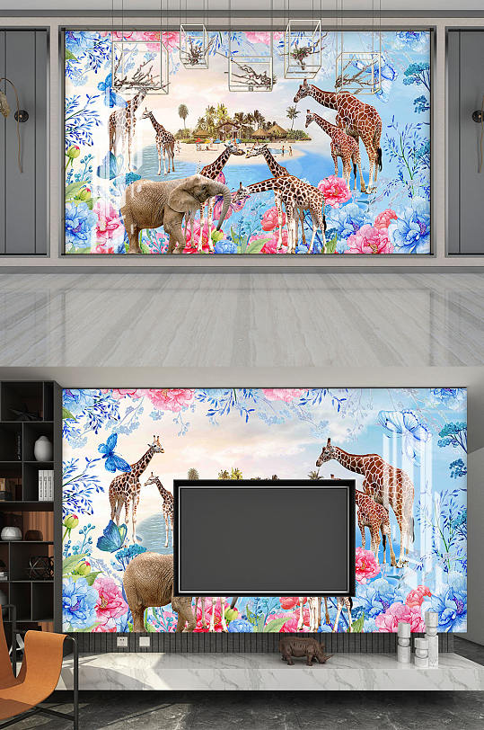 现代简约动物背景墙-众图网