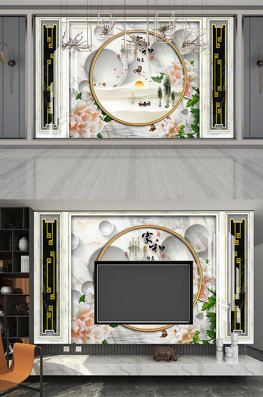 新中式轻奢电视背景墙-众图网
