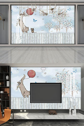 卡通猫咪儿童房背景墙