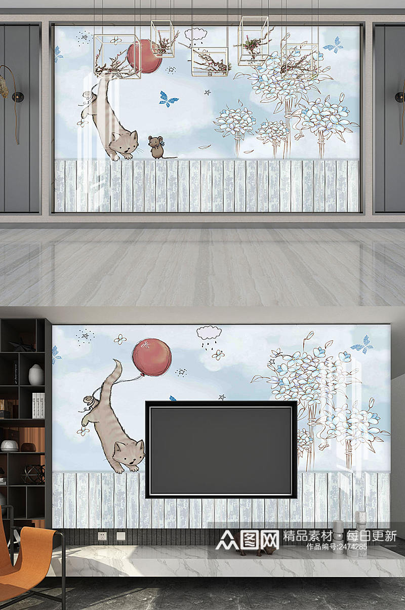 卡通猫咪儿童房背景墙素材