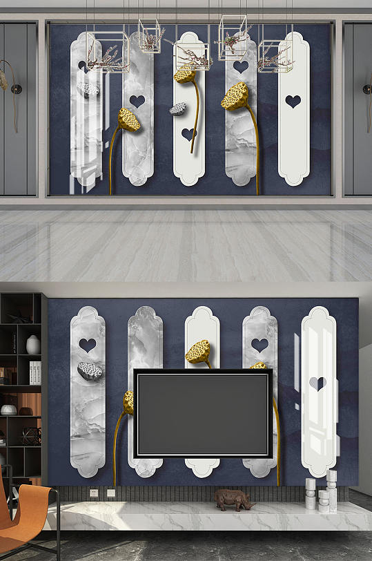 新中式莲蓬电视背景墙-众图网