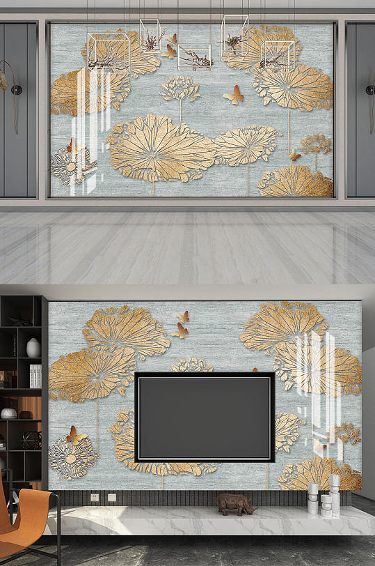 新中式轻奢金色荷花背景墙-众图网