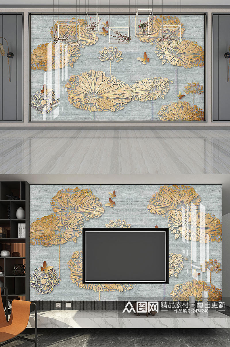 新中式轻奢金色荷花背景墙素材