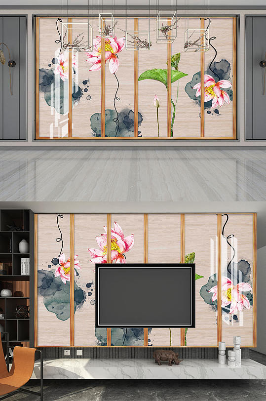 新中式荷花电视背景墙-众图网
