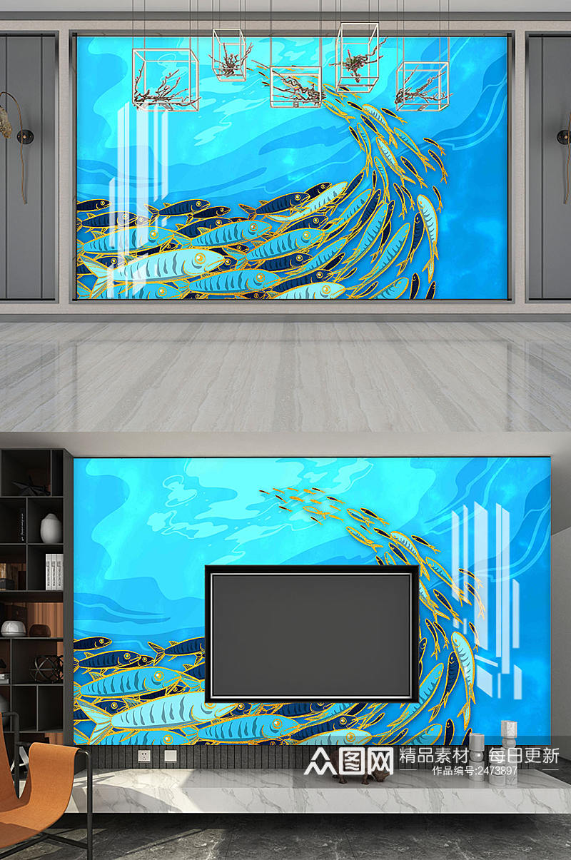 手绘海洋鱼背景墙素材