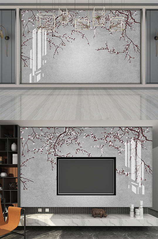 新中式手绘树背景墙-众图网