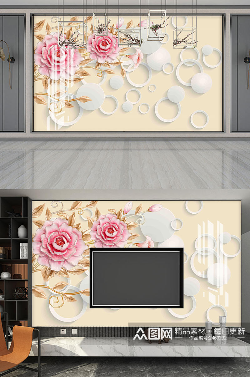 浮雕花朵电视背景墙素材