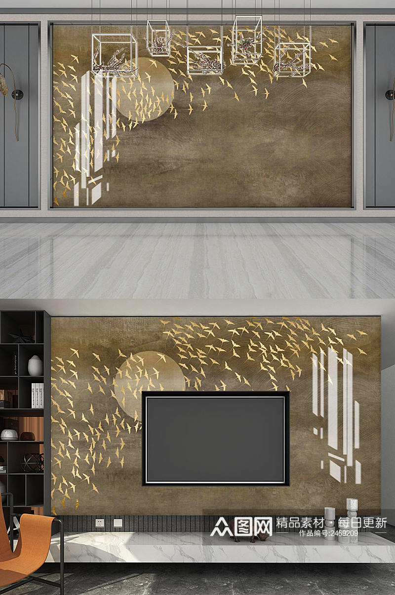新中式抽象山水电视背景墙素材