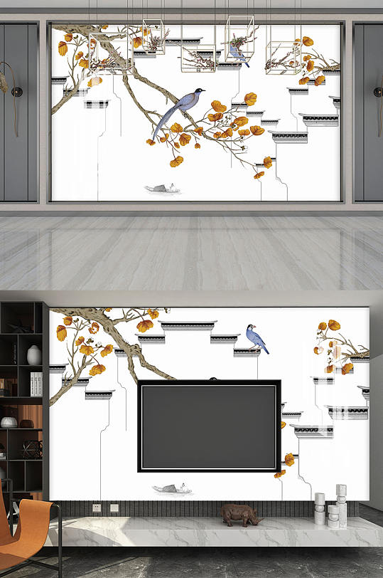 新中式马头墙电视背景墙-众图网