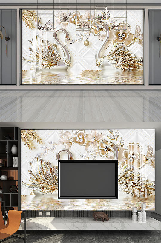 奢华珠宝珍珠天鹅背景墙-众图网