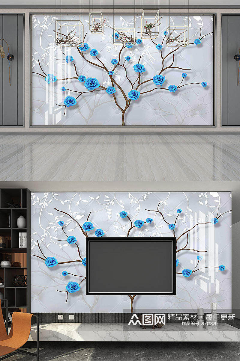 蓝色树电视背景墙素材