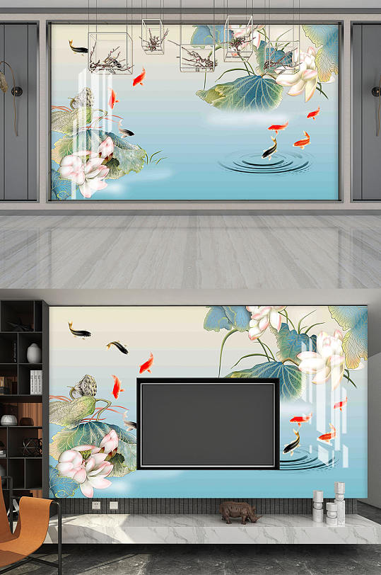 新中式荷花电视背景墙-众图网