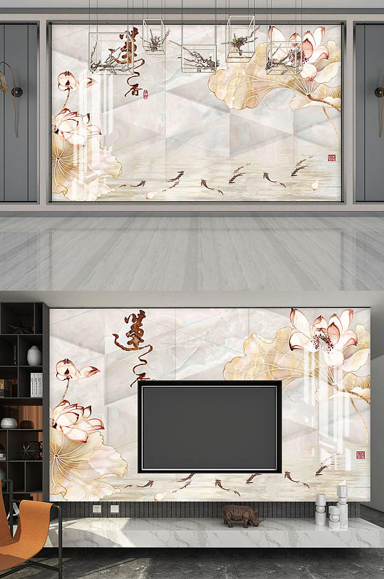 玉雕莲花电视背景墙-众图网