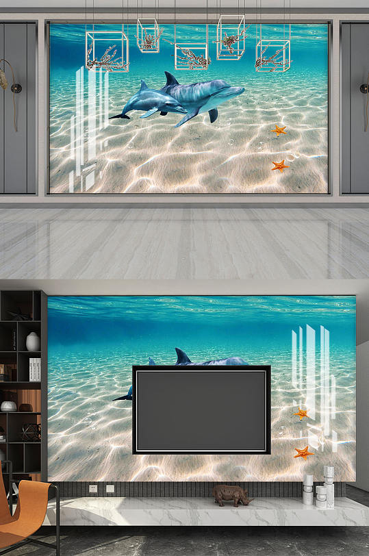 海底世界海豚背景墙-众图网