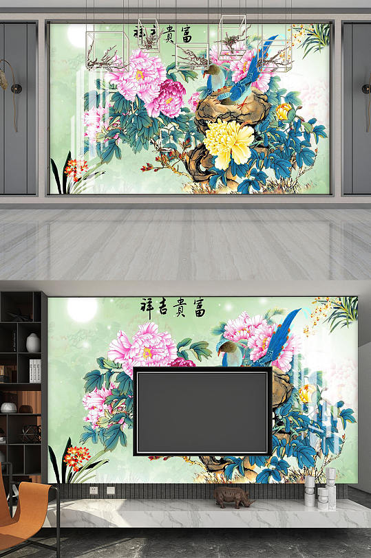 富贵吉祥牡丹孔雀背景墙-众图网