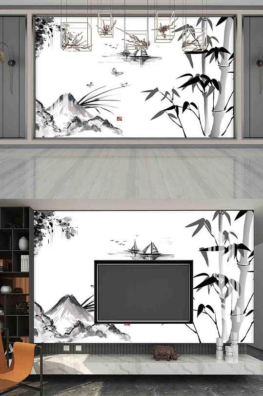 新中式水墨山水竹背景墙-众图网
