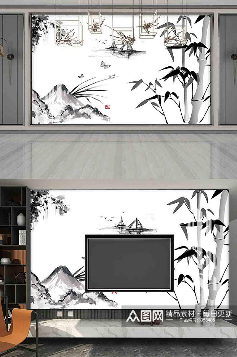 新中式水墨山水竹背景墙素材