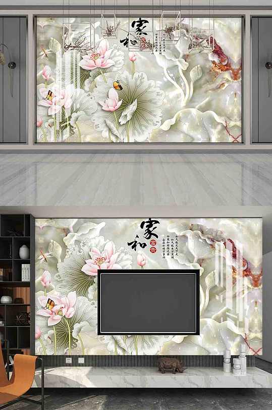 3D立体玉雕电视背景墙-众图网