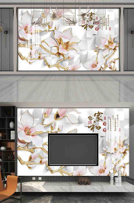 3D立体玉雕电视背景墙-众图网