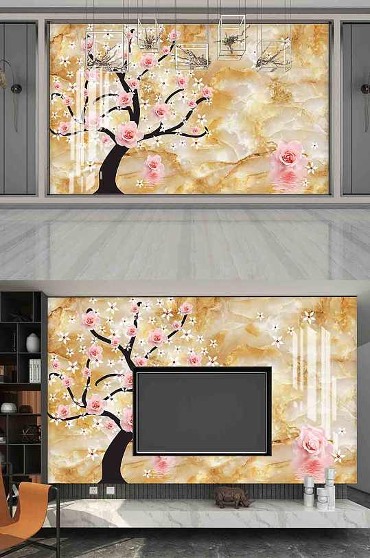 3D立体玉雕大理石电视背景墙-众图网