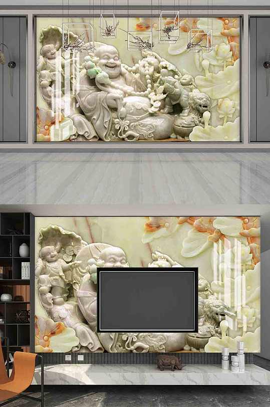 3D立体玉雕电视背景墙-众图网