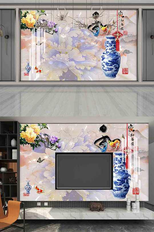 3D立体玉雕青花瓷电视背景墙-众图网