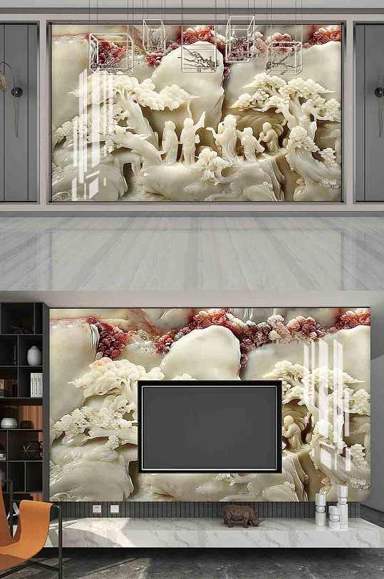 3D立体玉雕电视背景墙-众图网