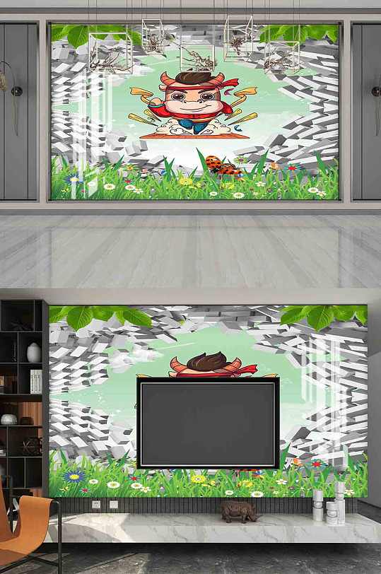 卡通儿童房背景墙-众图网