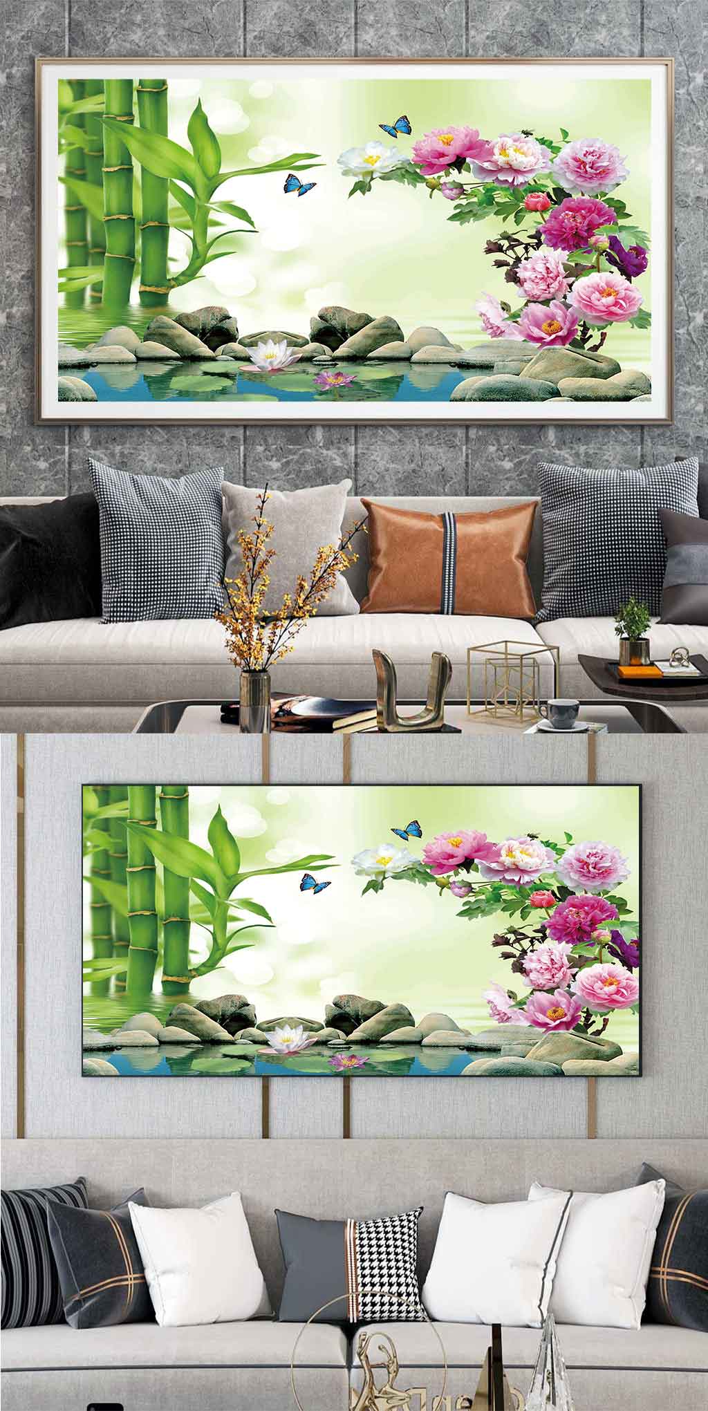 牡丹竹子3D立体背景装饰画素材
