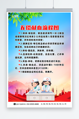 简约无偿献血流程图海报