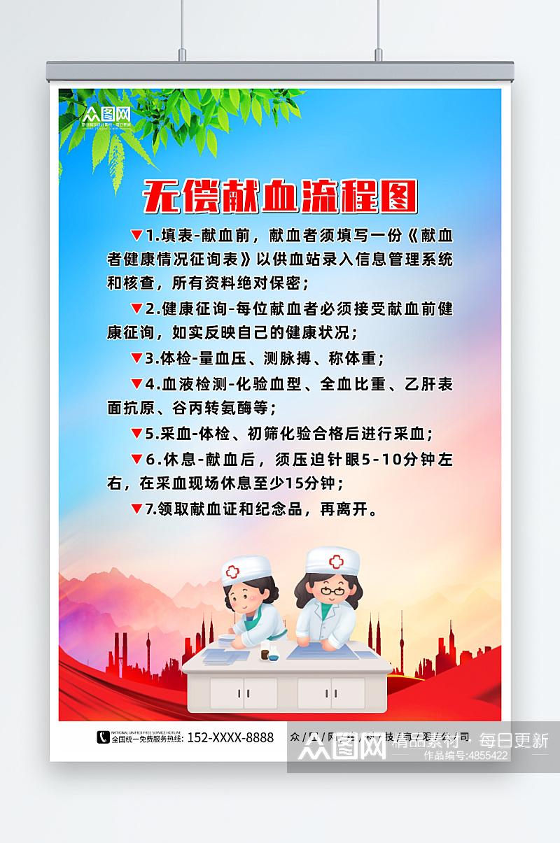 简约无偿献血流程图海报素材