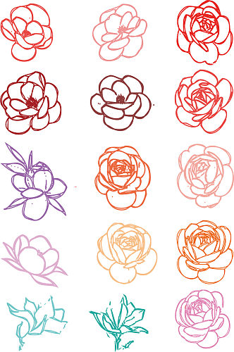 线描植物玉兰牡丹玫瑰花朵图案