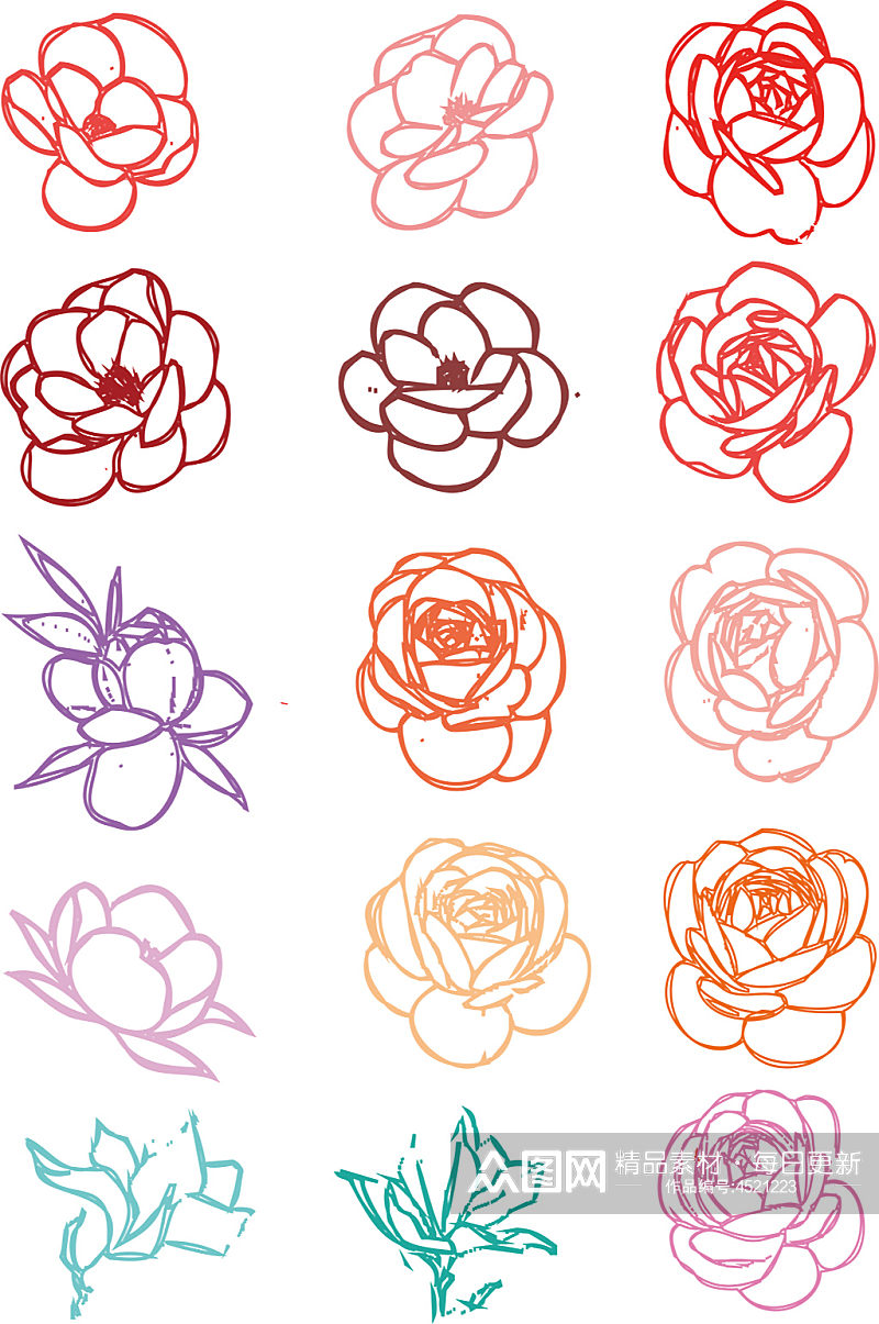 线描植物玉兰牡丹玫瑰花朵图案素材