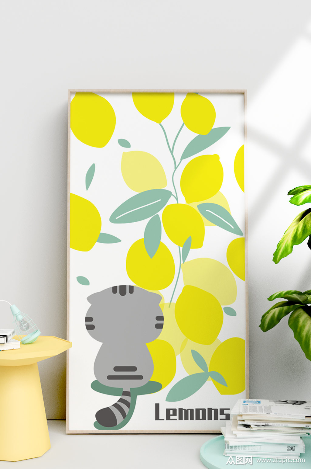 手绘卡通小清新柠檬猫咪背影装饰画